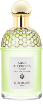 Guerlain Aqua Allegoria Nerolia Vetiver Harvest, zielony flakon z pszczelim wzorem, widok z przodu.