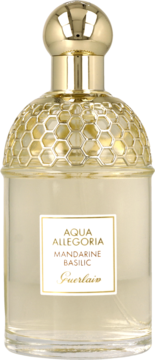 Guerlain Aqua Allegoria Mandarine Basilic w złotym flakonie z wzorem plastra miodu, widok z przodu.