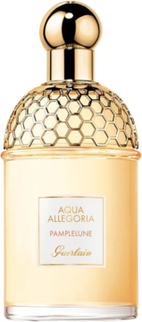 Guerlain Aqua Allegoria Pamplelune EDT, złoty flakon z miodowym wzorem i złotą nakrętką, widok z przodu.