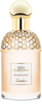 Butelka wody toaletowej Guerlain Aqua Allegoria Pamplelune z jasnozłotą nakrętką i miodowym wzorem. Widok z przodu.