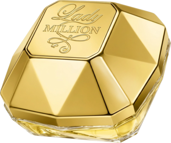 Paco Rabanne Lady Million, złoty, fasetowany flakon perfum z logo na wieczku, widok od góry.