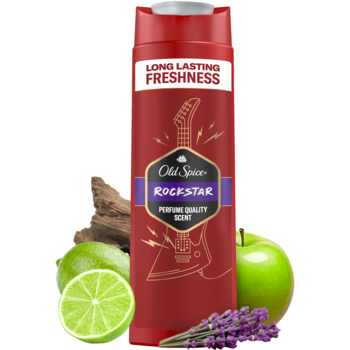 Męski żel pod prysznic Old Spice Rockstar, czerwona butelka z grafiką gitary, limonkami, jabłkiem i lawendą.