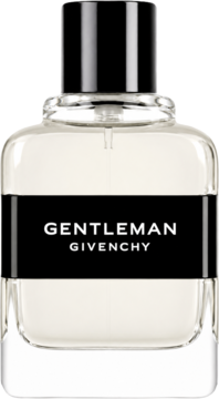 Givenchy Gentleman woda toaletowa, przezroczysty flakon z czarną etykietą z napisem GENTLEMAN, czarna nakrętka, widok z przodu.