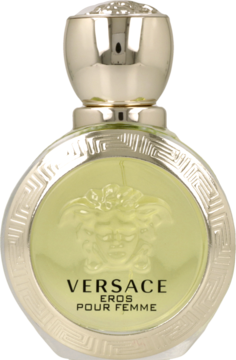 Perfumy Versace Eros Pour Femme w okrągłej, złotej butelce z logo Meduzy i napisem, ujęcie frontalne.