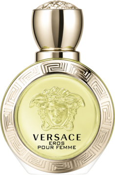 Butelka Versace Eros Pour Femme EDT, żółty płyn, złoty korek i wyraźny napis, z emblematem Meduzy.