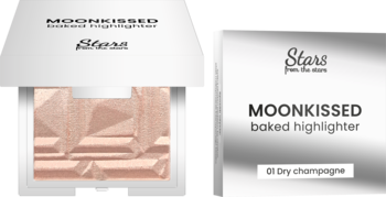 Rozświetlacz Moonkissed Stars baked 01 dry champagne. Otwarty kompakt z pudrem o geometrycznym wzorze i kartonowe pudełko.