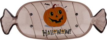 Light beige Halloween candy tray shaped like wrapped candy, with a smiling orange pumpkin and "HALLOWOW!" text.