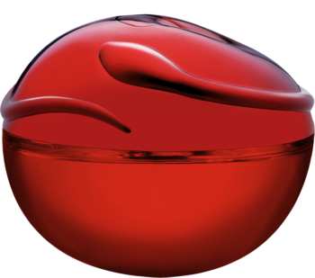 DKNY Be Tempted, intensywnie czerwony flakon w kształcie jabłka, z błyszczącym, metalicznym wykończeniem, widok z przodu.