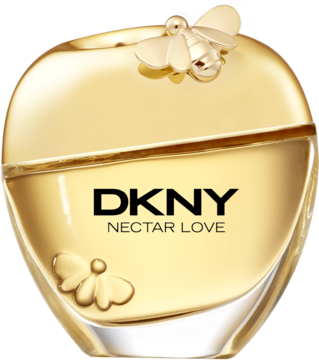 Flakon perfum DKNY Nectar Love, złoty, w kształcie jabłka, z pszczołą na korku, widok z przodu.