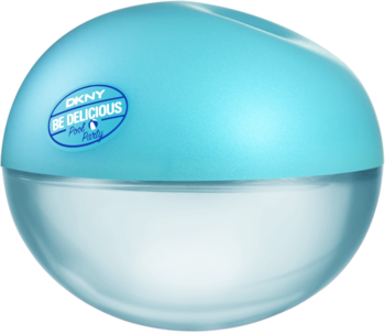 Okrągły flakon DKNY Be Delicious Pool Party Bay Breeze EDT, góra aqua z logo, dół przezroczysty.
