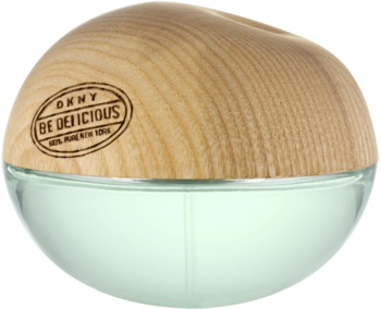 DKNY Be Delicious Coconuts About Summer, woda toaletowa w butelce w kształcie jabłka, drewniana nakładka, jasnozielony płyn, widok z przodu.
