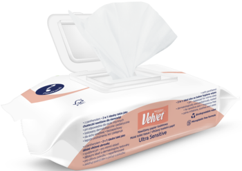 Białe, otwarte opakowanie chusteczek Velvet Ultra Sensitive dla niemowląt, z wystającą chusteczką, widok z góry.