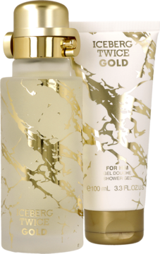 Zestaw Iceberg Twice Gold: złota butelka perfum i biała tuba żelu pod prysznic ze złotym wzorem, widok z przodu.