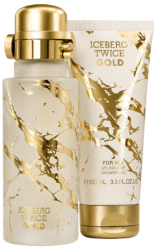 Zestaw Iceberg Twice Gold męski: butelka perfum i żel pod prysznic z białymi i złotymi wzorami marmuru.