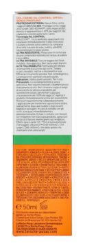 Tył opakowania żel-kremu La Roche-Posay Anthelios UVMune 400 SPF 50+, biało-pomarańczowa tuba, włoski opis, widoczne 50ml.