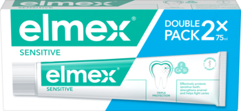Elmex Sensitive pasta do zębów, podwójne opakowanie. Białe pudełko z zielonym logo i tubką, widok z przodu.