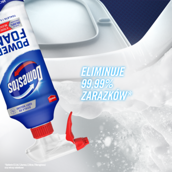 Niebieski Domestos Power Foam Arctic Fresh, rozpylający białą pianę do toalety, w widoku z góry.