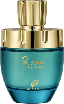 Rare Tiffany Afnan perfumy damskie w turkusowej butelce ze złotą nakrętką i napisem, widok z przodu.