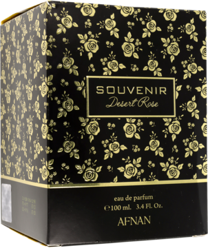 Woda perfumowana Souvenir Desert Rose Afnan w czarnym pudełku ze złotymi różami, ujęcie pod kątem.