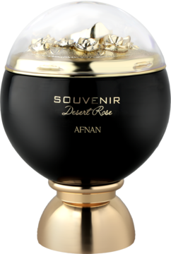 Afnan Souvenir Desert Rose Eau de Parfum, czarna kulista butelka ze złotymi różami w kopule i złotą podstawą.