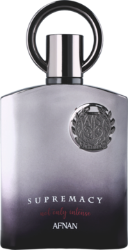 Supremacy Not Only Intense Afnan, flakon perfum orientalno-przyprawowych, ciemnofioletowo-srebrny, widok z przodu.
