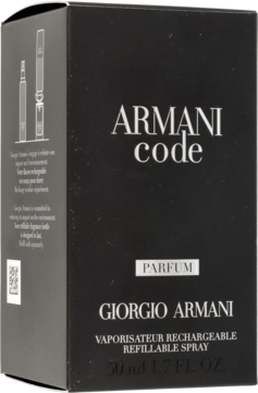 Czarne opakowanie męskich perfum Armani Code Parfum, 50 ml, refillable spray, widok z przodu pod kątem.
