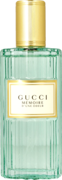 Flakon perfum Gucci Mémoire d'Une Odeur z zielonego, prążkowanego szkła, ze złotą nakrętką. Widok z przodu.