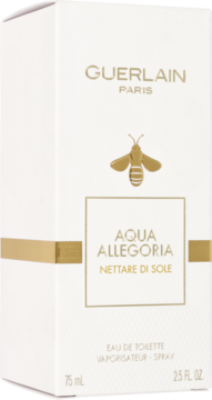 Białe pudełko Guerlain Aqua Allegoria Nettare di Sole woda toaletowa, widok z przodu, złote logo pszczoły.