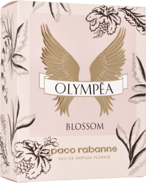 Różowe pudełko Paco Rabanne Olympea Blossom kwiatowa woda perfumowana ze złotymi skrzydłami, widok z przodu.