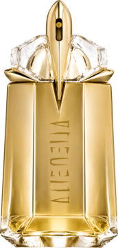 T. Mugler Alien Goddess EDP. Złoty, heksagonalny flakon z kryształową koroną i napisem ALIEN, widok z przodu.