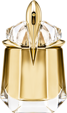 T. Mugler Alien Goddess: złoty, metaliczny flakon perfum z kryształowymi detalami, widok od frontu.