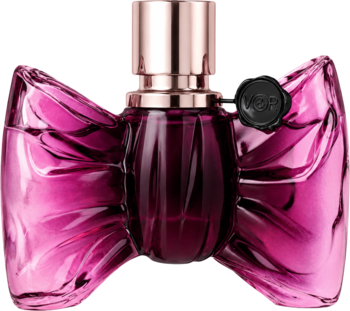 Perfumy Viktor & Rolf Bonbon, butelka w kształcie błyszczącej fuksjowej kokardy z metalicznym połyskiem, widok z przodu.