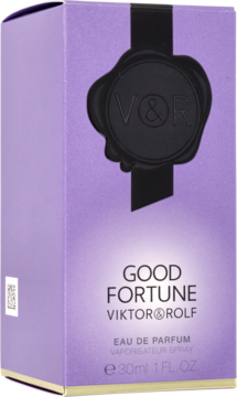 Fioletowe pudełko perfum Good Fortune Viktor&Rolf EDP, widok z przodu i z boku, czarna pieczęć na górze.