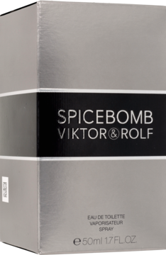 Szare, metaliczne pudełko perfum Spicebomb Viktor & Rolf EDT 50ml z czarnym paskiem, widok z przodu.