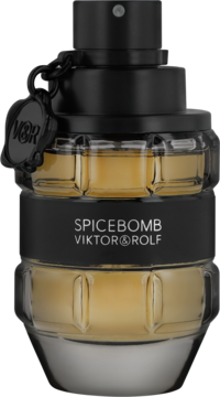 Viktor & Rolf Spicebomb męska woda toaletowa w butelce-granacie, z czarną etykietą i złotym płynem.