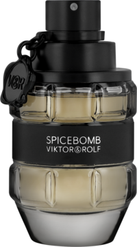Męska woda toaletowa Viktor & Rolf Spicebomb, flakon w kształcie granatu, czarne detale, bursztynowy płyn, widok z przodu.