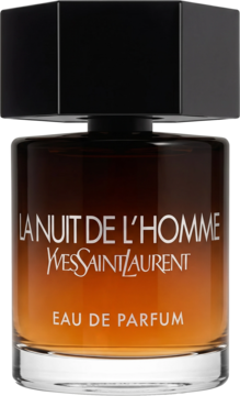 Yves Saint Laurent La Nuit de L'Homme EDP, butelka w odcieniach brązu, czarny sześciokątny korek.