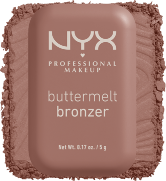 NYX Buttermelt Bronzer w jasnobrązowym kompakcie, widok z góry, na rozsypanym pudrze bronzera.