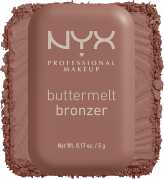 NYX Buttermelt Bronzer do twarzy w brązowej, prostokątnej puderniczce z logo, na rozsypanym pudrze.
