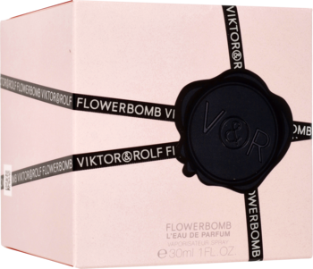 Różowe pudełko perfum Viktor & Rolf Flowerbomb 30ml, z czarną wstążką i pieczęcią VOR, widok z przodu.
