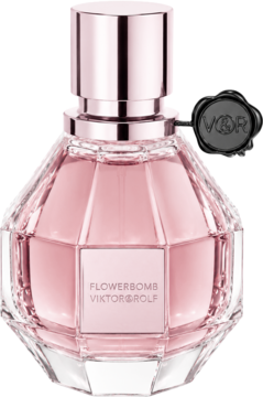 Flowerbomb Viktor & Rolf, orientalna EDP w różowej butelce granatu z różowo-złotym korkiem, widok z przodu.