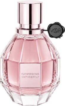 Viktor & Rolf Flowerbomb EDP. Fasetowana butelka z różowym płynem, metaliczną nakrętką i czarną pieczęcią, widok z przodu.