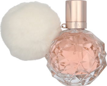 Ari by Ariana Grande, perfumy w fasetowanym flakonie z różowym płynem, różowozłotą nakrętką i białym pomponem.