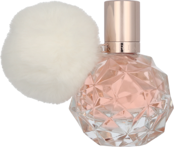 Ari by Ariana Grande, perfumy damskie, szklana butelka z fasetami, różowy płyn i puszysty kremowy pompon.