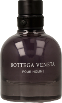 Flakon Bottega Veneta Pour Homme EDT, ciemnoszary, okrągły, z czarną nakrętką i skórzanym paskiem. Widok frontalny.