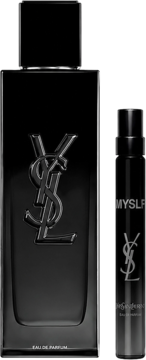 Zestaw YSL MYSLF perfumy męskie: duży i mały czarny flakon z srebrnym logo, na ciemnym tle.