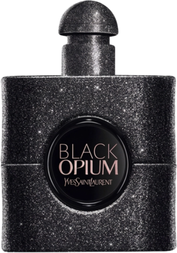 Black Opium Extreme YSL, intensywne orientalno-waniliowe perfumy, czarna brokatowa butelka, widok z przodu.