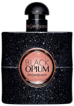 Yves Saint Laurent Black Opium EDP, czarna butelka z brokatem, różowo-złota etykieta, widok z przodu.