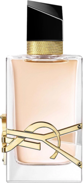 YSL Libre woda toaletowa dla kobiet; butelka z płynem o brzoskwiniowym odcieniu, złotym logo YSL i czarną nakrętką.