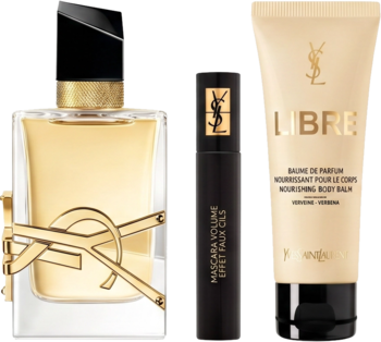 Złoty flakon perfum YSL Libre, czarna mascara Volume Effet Faux Cils i beżowy balsam Libre.